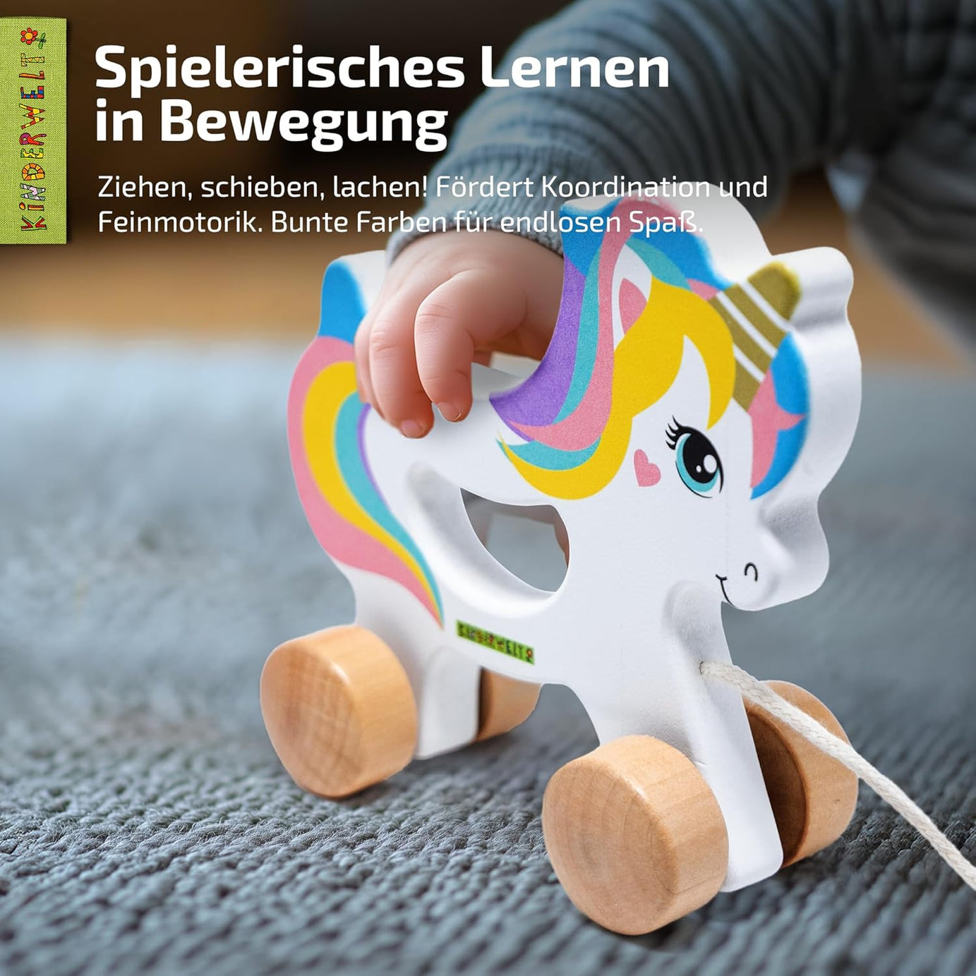 Nachziehspielzeug Einhorn aus Holz, kindgerechtes Lernspielzeug, Kinderspielzeug zum Ziehen, Schieben und Spielen