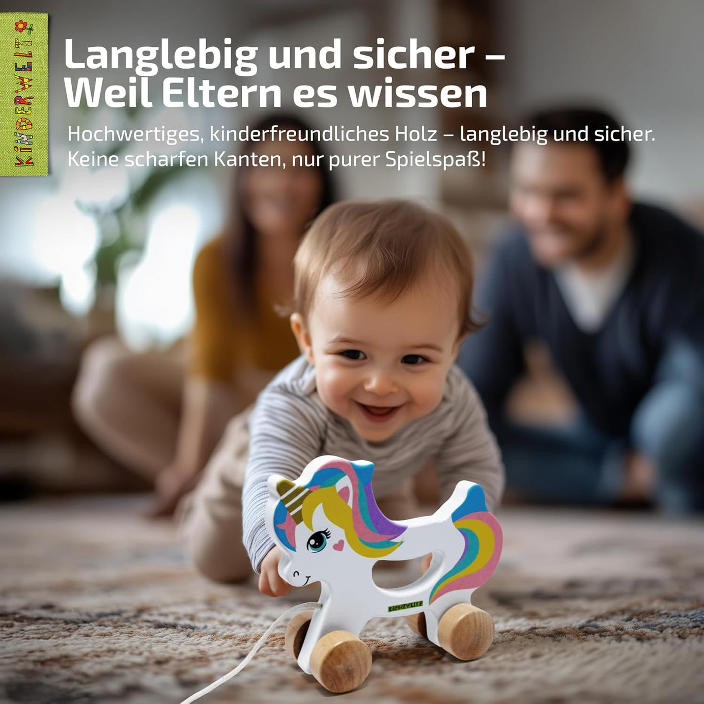 Nachziehspielzeug Einhorn aus Holz, kindgerechtes Lernspielzeug, Kinderspielzeug zum Ziehen, Schieben und Spielen