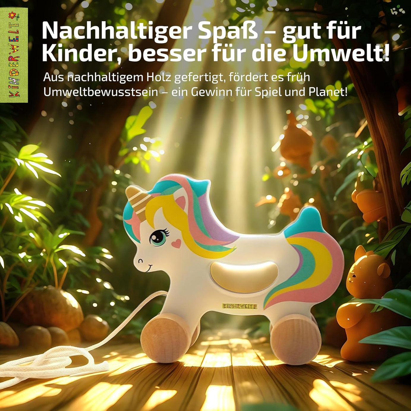 Nachziehspielzeug Einhorn aus Holz, kindgerechtes Lernspielzeug, Kinderspielzeug zum Ziehen, Schieben und Spielen