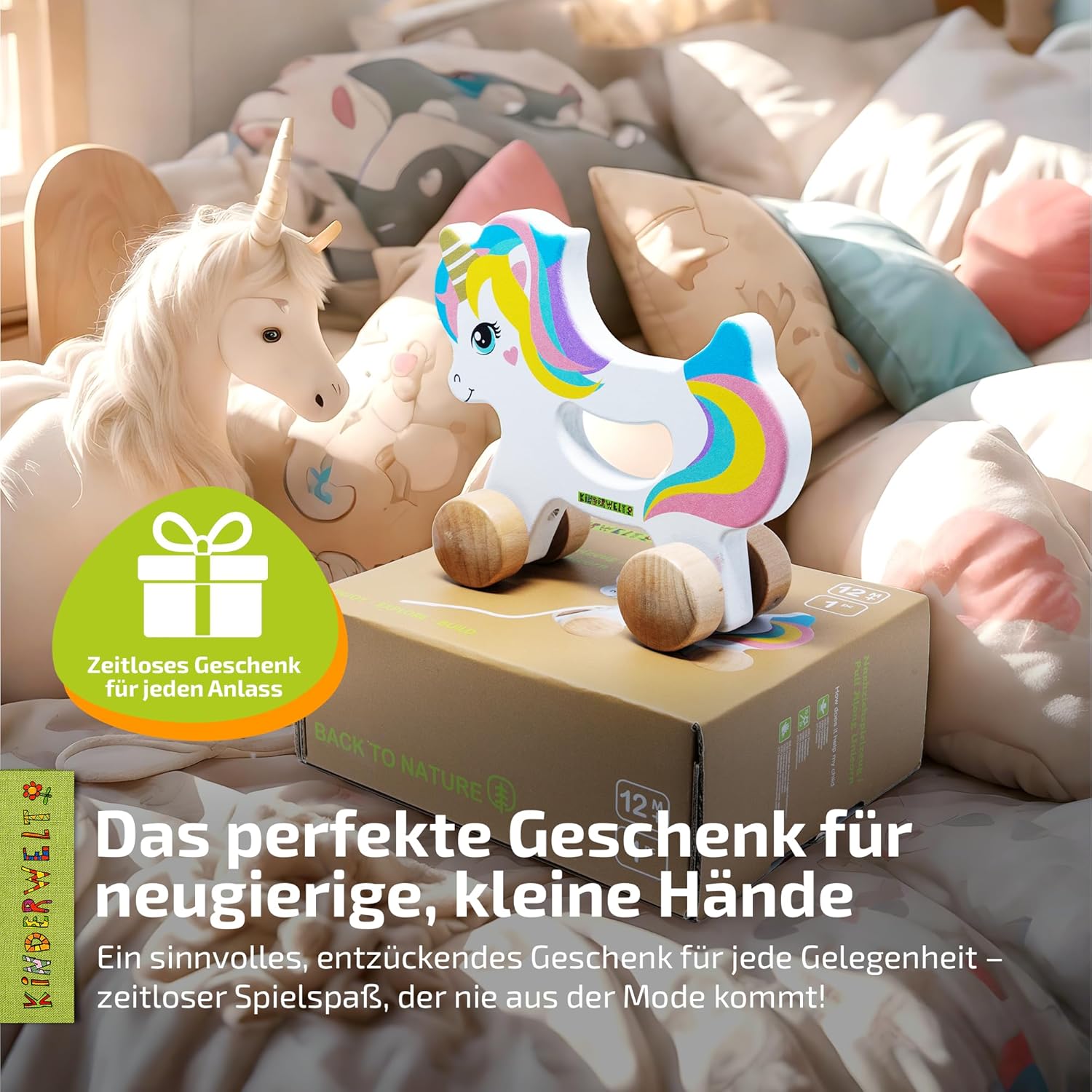 Nachziehspielzeug Einhorn aus Holz, kindgerechtes Lernspielzeug, Kinderspielzeug zum Ziehen, Schieben und Spielen