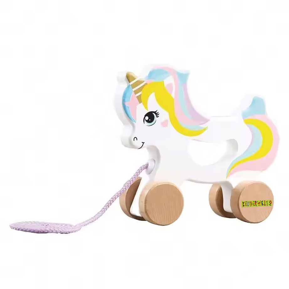 Pull-along toy unicorn made of wood, child-friendly educational toy, children's toy for pulling, pushing and playing