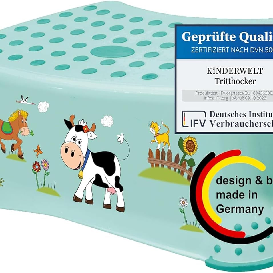 Premium Tritthocker stabiler Hocker Funny Farm aquamarin Anti-Rutsch-Funktion