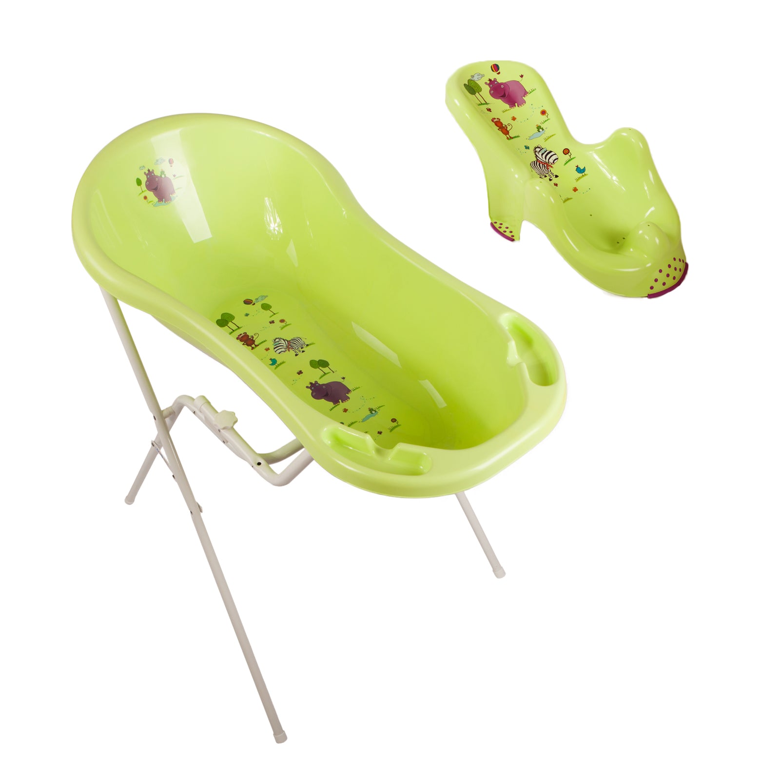 Baignoire bébé vert Hippo XXL 100 cm avec bouchon + support de bain + siège de bain