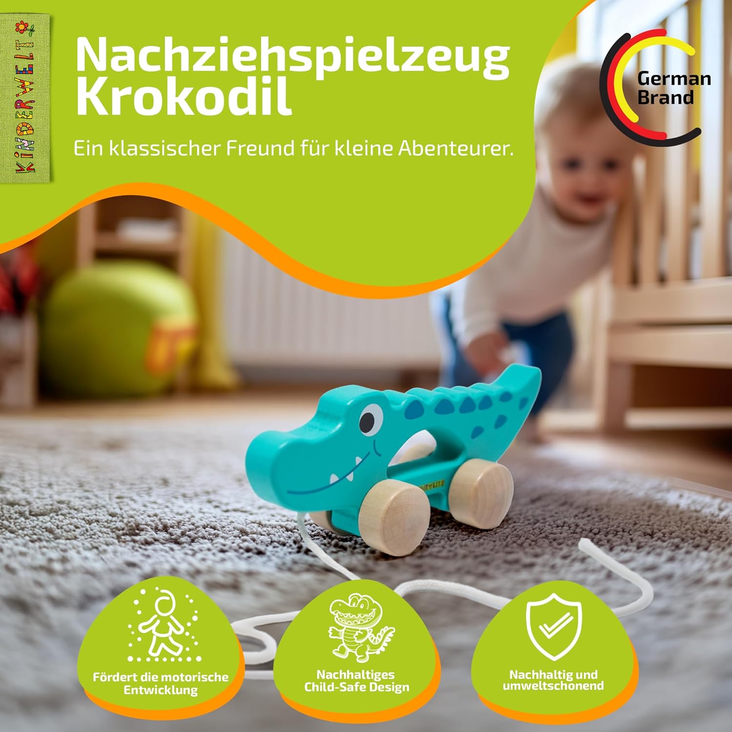 Nachziehspielzeug Krokodil aus Holz, kindgerechtes Lernspielzeug, Kinderspielzeug zum Ziehen, Schieben und Spielen