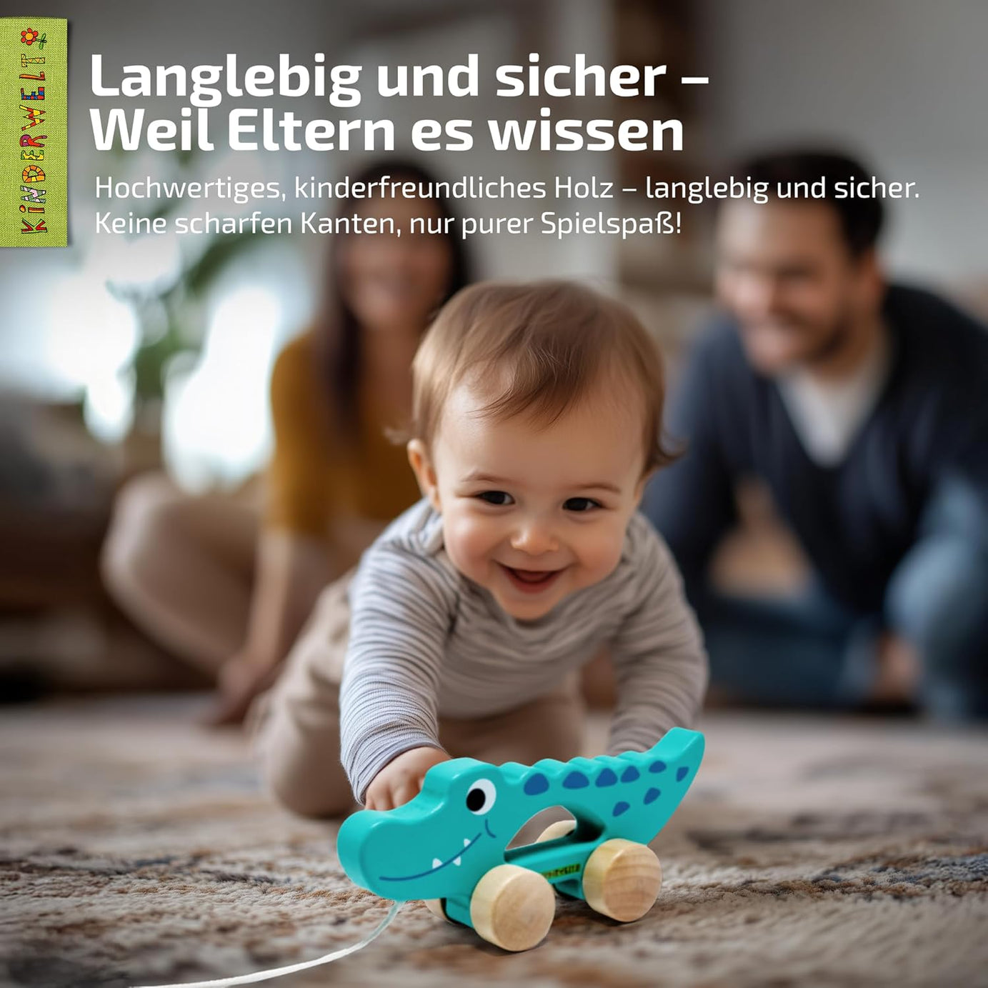 Nachziehspielzeug Krokodil aus Holz, kindgerechtes Lernspielzeug, Kinderspielzeug zum Ziehen, Schieben und Spielen