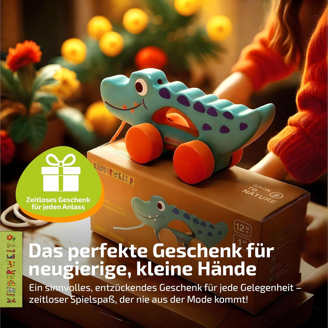Nachziehspielzeug Krokodil aus Holz, kindgerechtes Lernspielzeug, Kinderspielzeug zum Ziehen, Schieben und Spielen