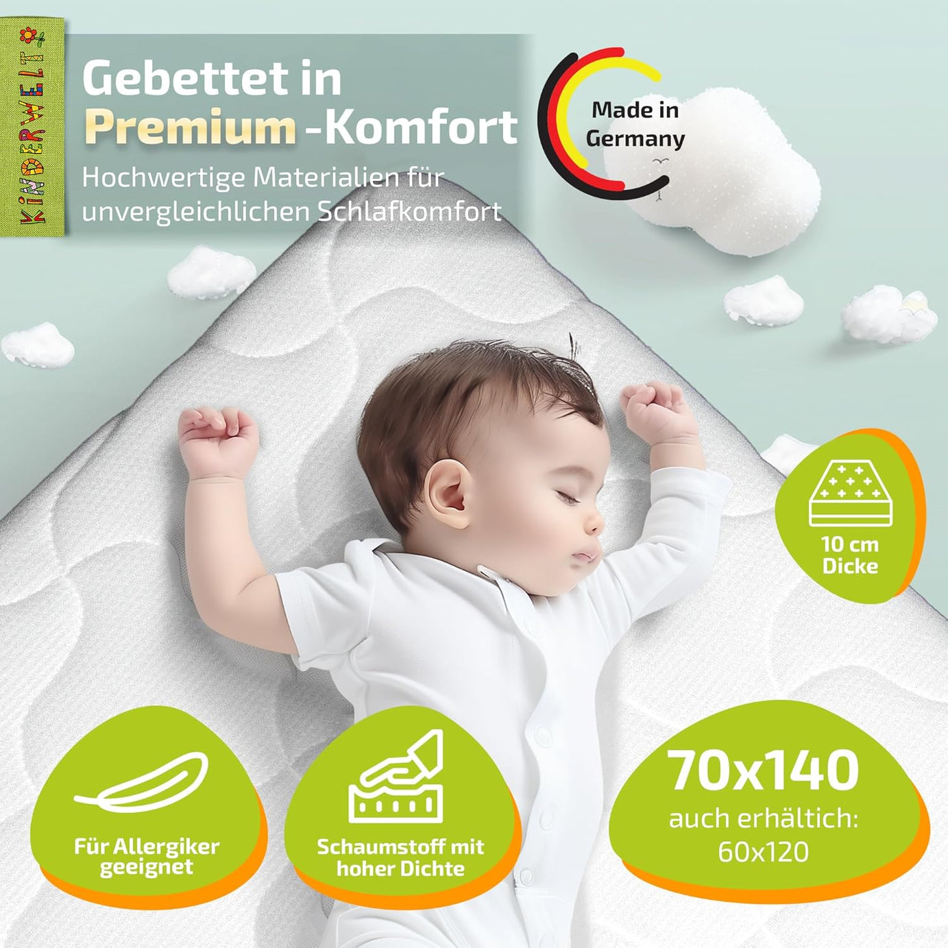 Baby Schaumkernmatratze mit Komfortbezug gesteppt und Trittkante Babymatratze Matratze 70 x 140 x 10cm weiß