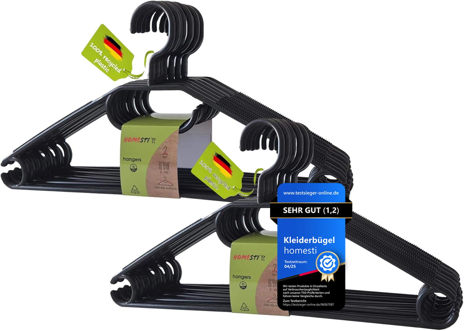 20 Stück multifunktioanale Premium Kleiderbügel aus 100% recyceltem Kunststoff Anti-Rutsch-Oberfläche, platzsparend mit Hosensteg und Haken für Krawatten