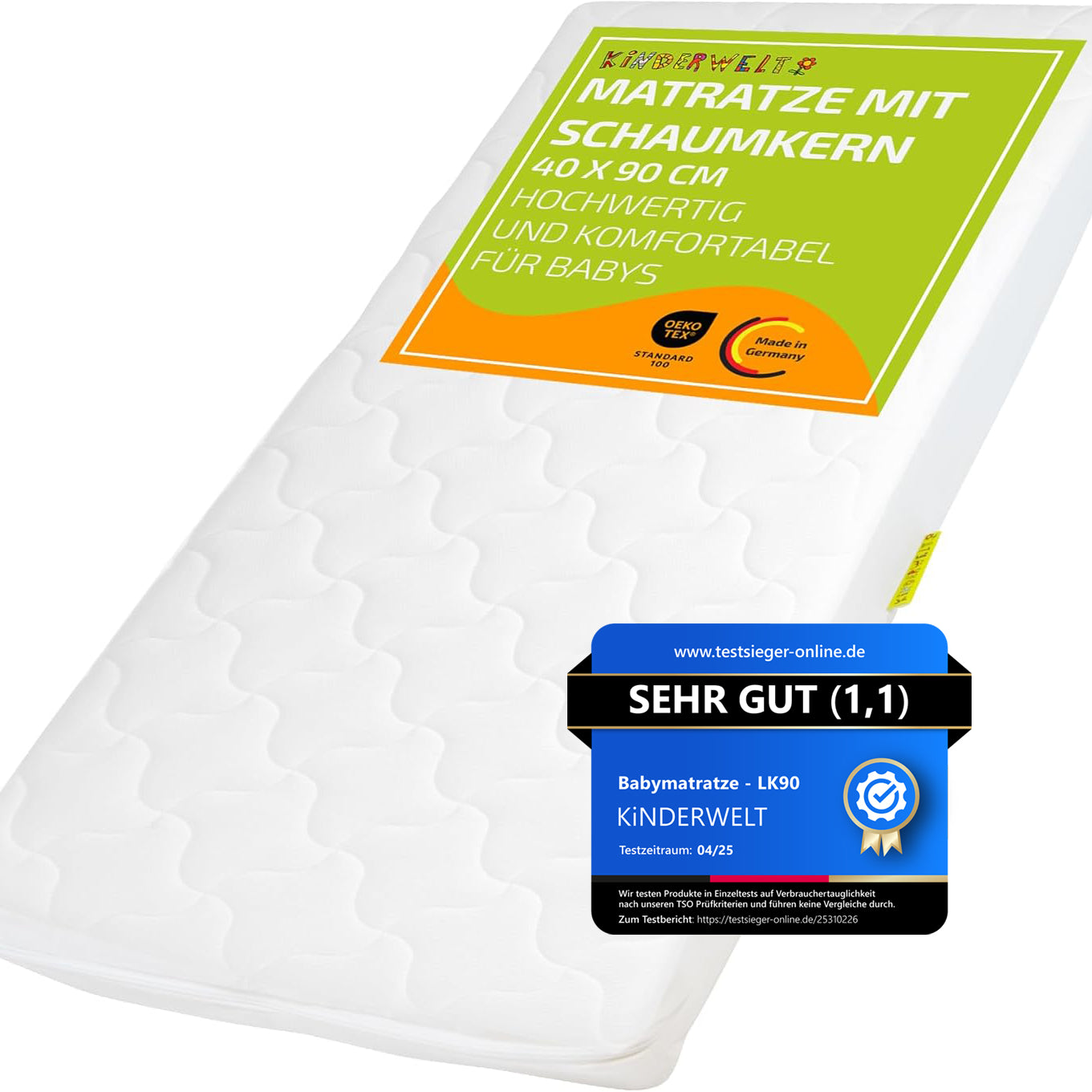 Baby Schaumkernmatratze mit Komfortbezug gesteppt Babymatratze Matratze 40 x 90 x 10 weiß