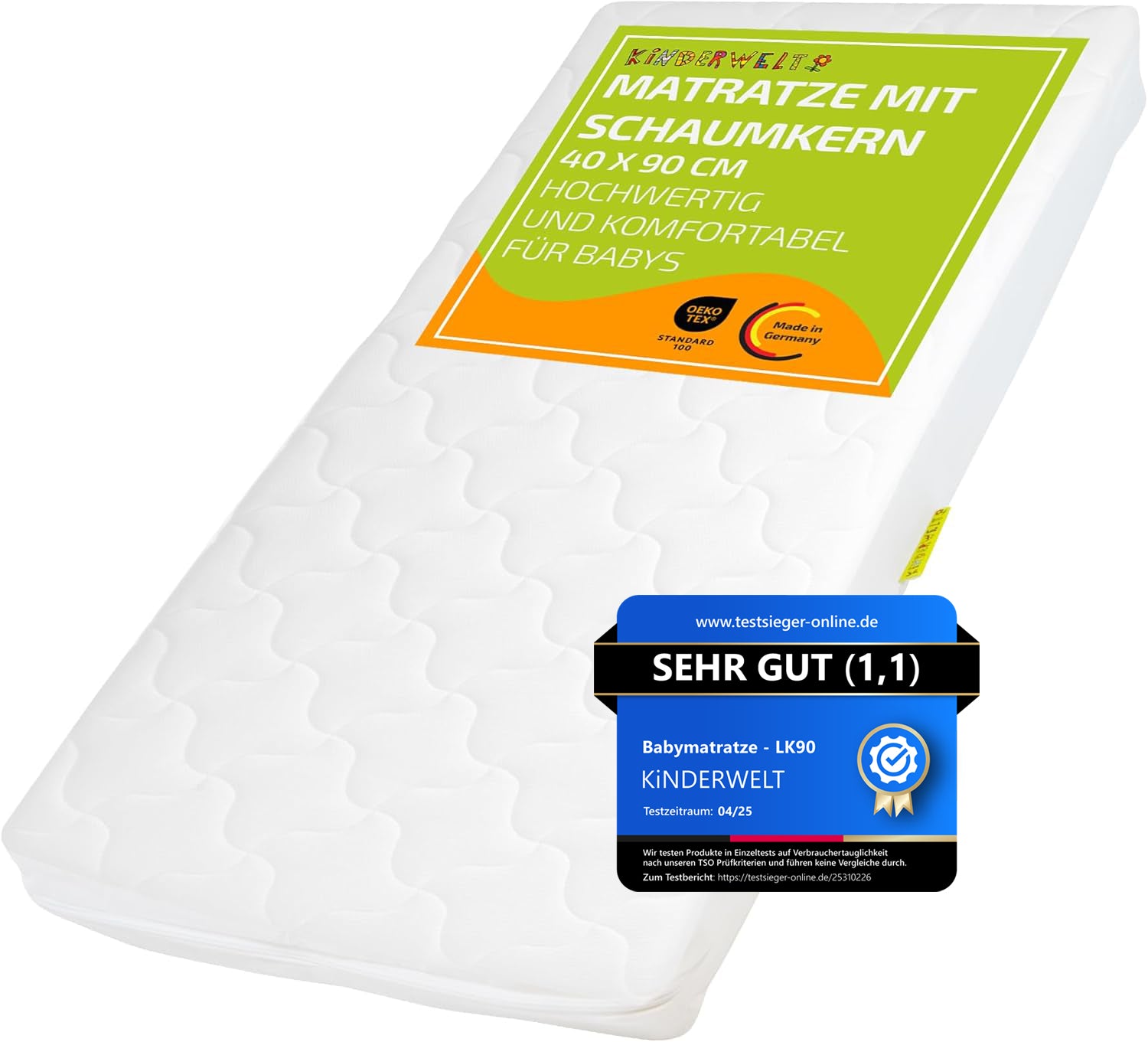 Baby Schaumkernmatratze mit Komfortbezug gesteppt Babymatratze Matratze 40 x 90 x 10 weiß