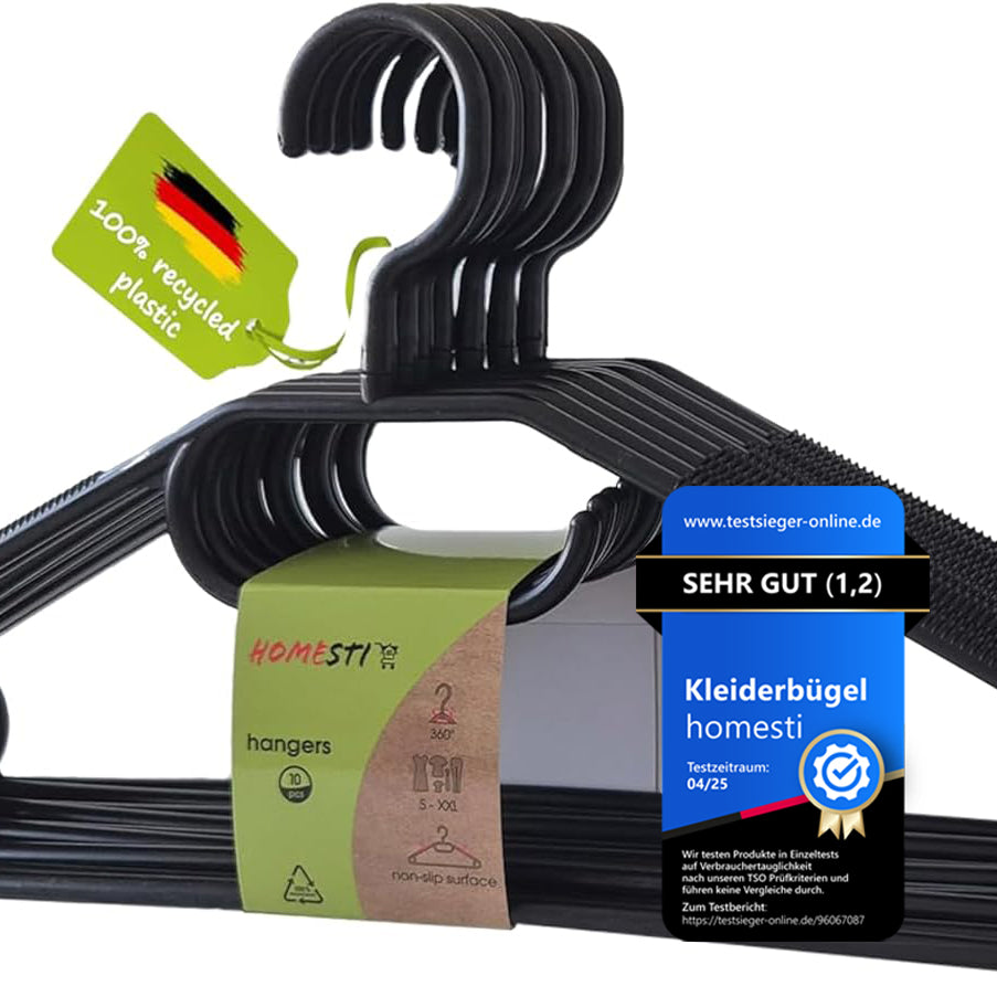 10 Stück multifunktionale Premium Kleiderbügel  recyceltem Kunststoff  und Anti-Rutsch-Oberfläche, mit Hosensteg und Haken für Krawatten
