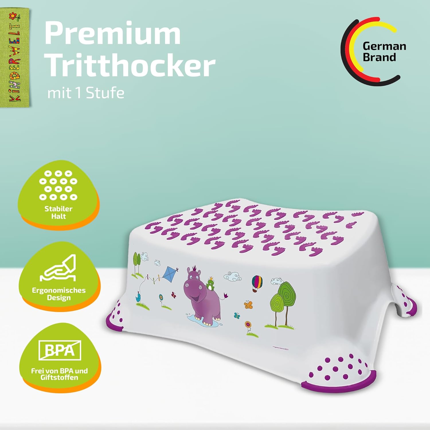 Premium Tritthocker Hippo weiß stabiler Hocker für Kinder