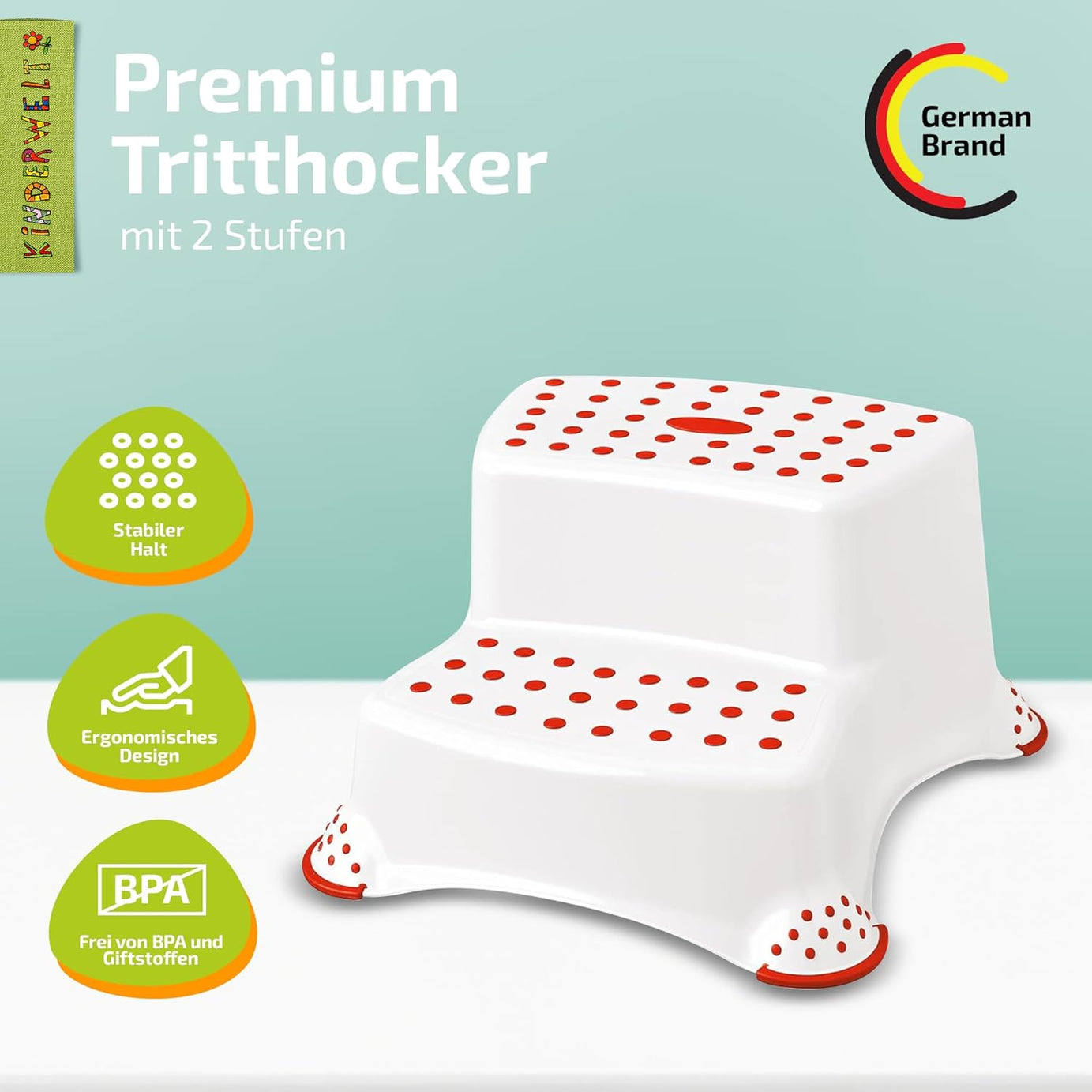 Escabeau à deux marches Premium, tabouret stable blanc/rouge