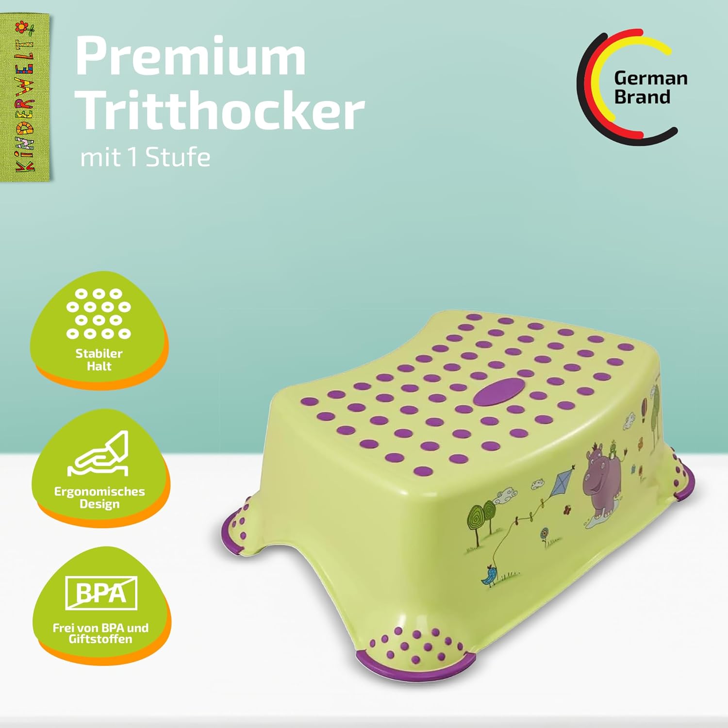 Premium Tritthocker Hippo grün stabiler Hocker für Kinder