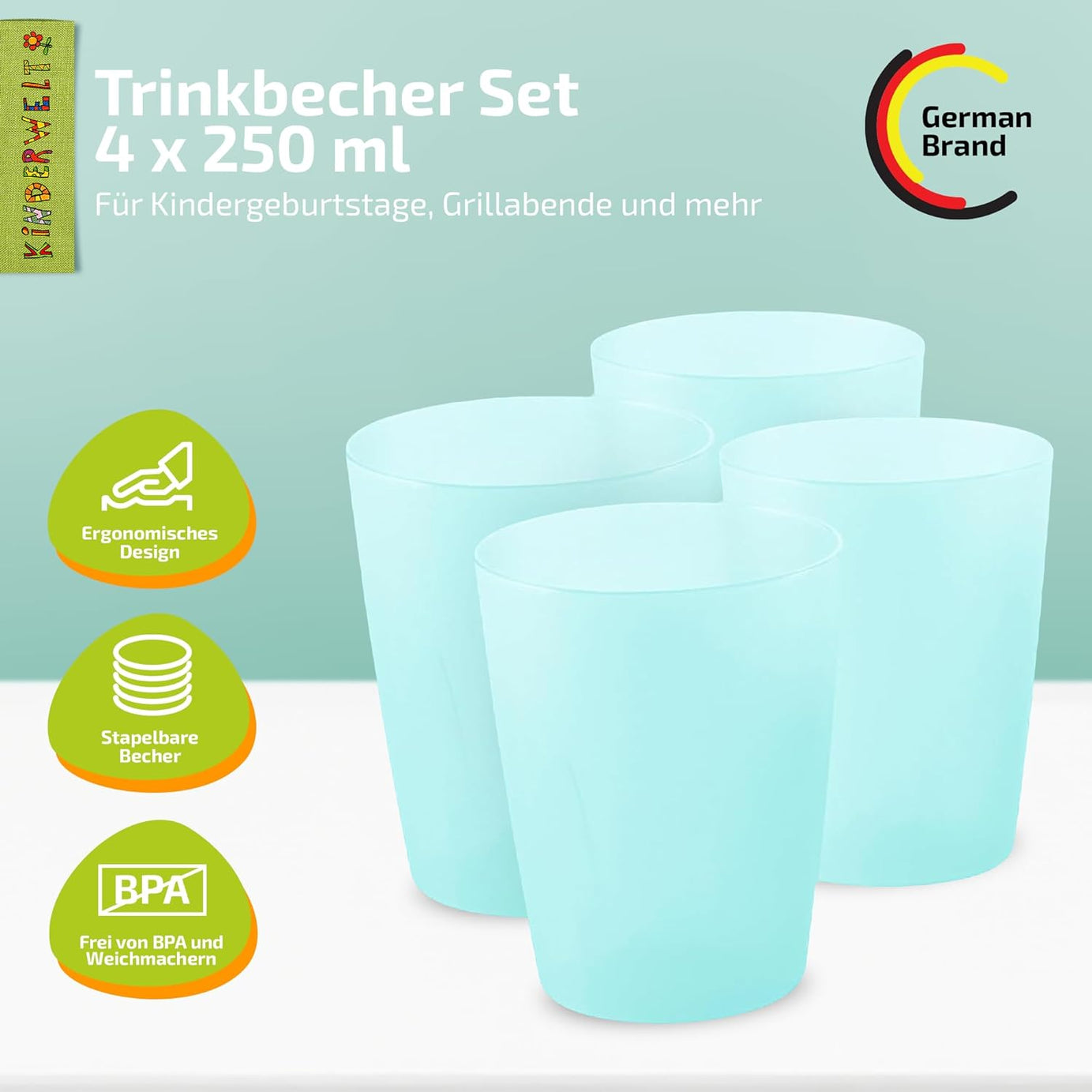 KiNDERWELT Trinkbecher Set 4x250 ml aquamarin aus Kunststoff - wiederverwendbare, spülmaschinenfest,  Kindergeburtstage, Grillabende, Parties, Picknicks