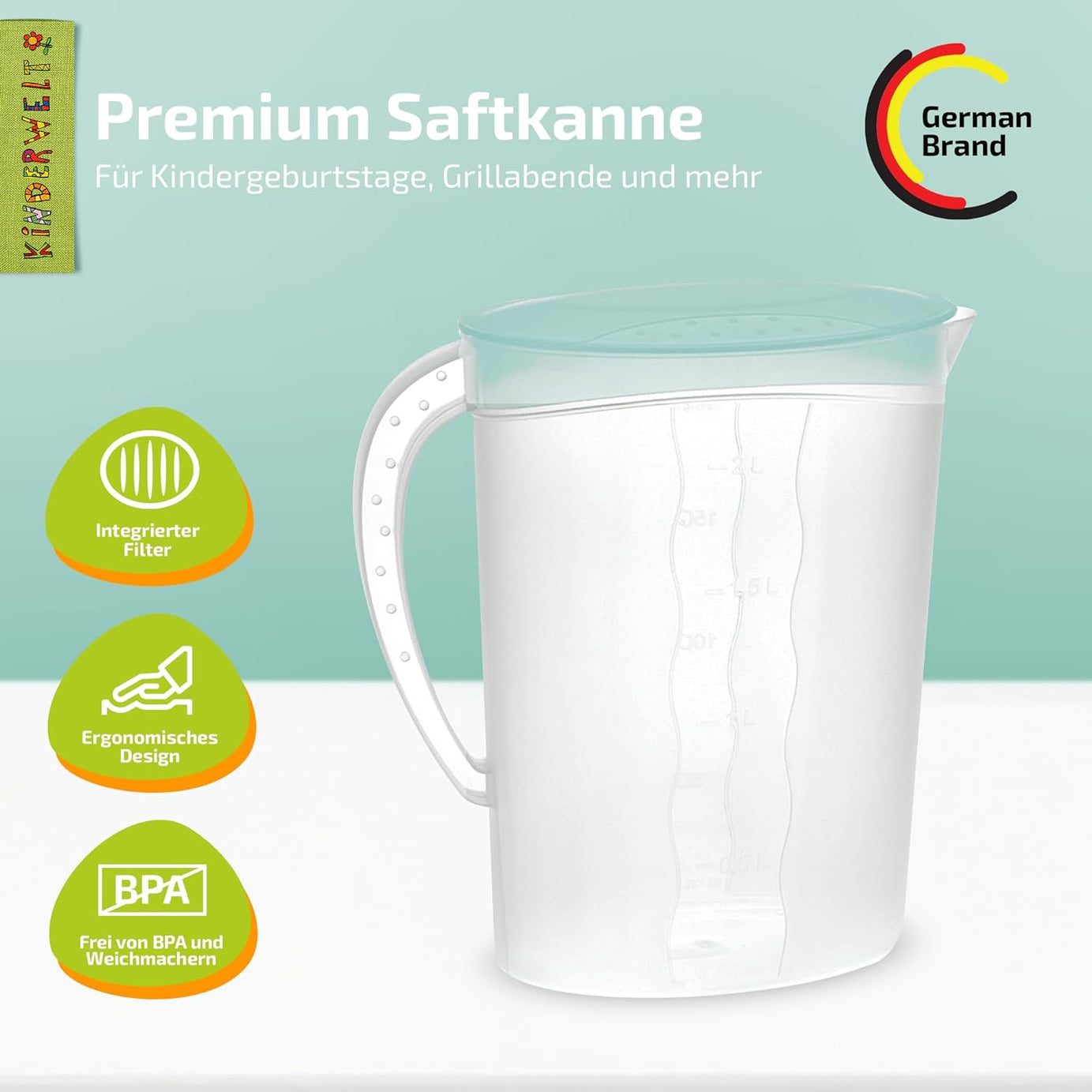 Premium Saftkanne, 2 Liter Fassungsvermögen, mit vielseitigem Deckel und integrierter Maßeinteilung für kalte Getränke wie Saft, Eistee, Wasserkaraffe aus Kunststoff, optimaler Kühlschrankkrug