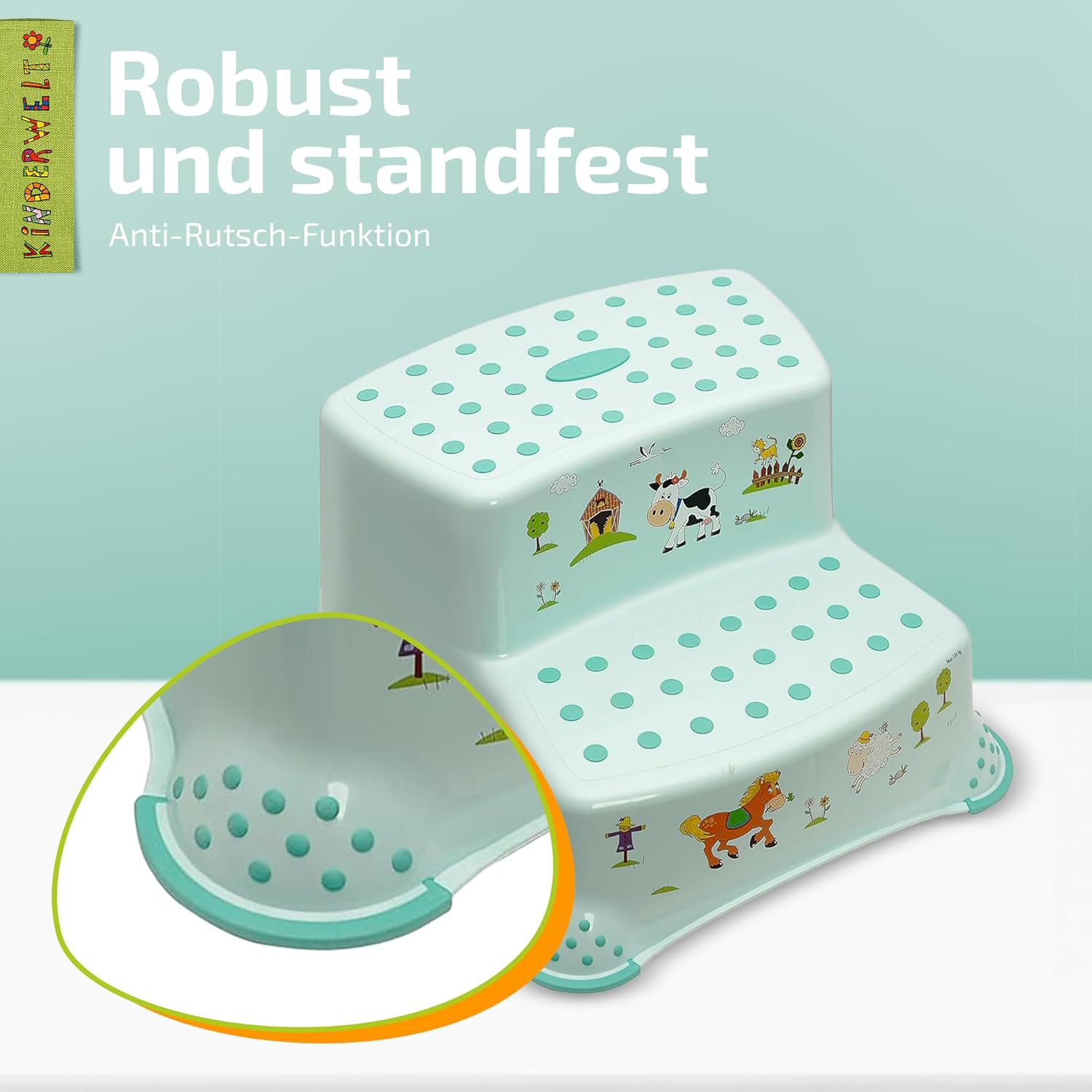 KiNDERWELT Premium zweistufiger Tritthocker für Kinder und Babys, gelb, Tritthocker 2 Stufen für Kleinkinder ab 3 Jahren, abwischbar, rutschfest und BPA-frei