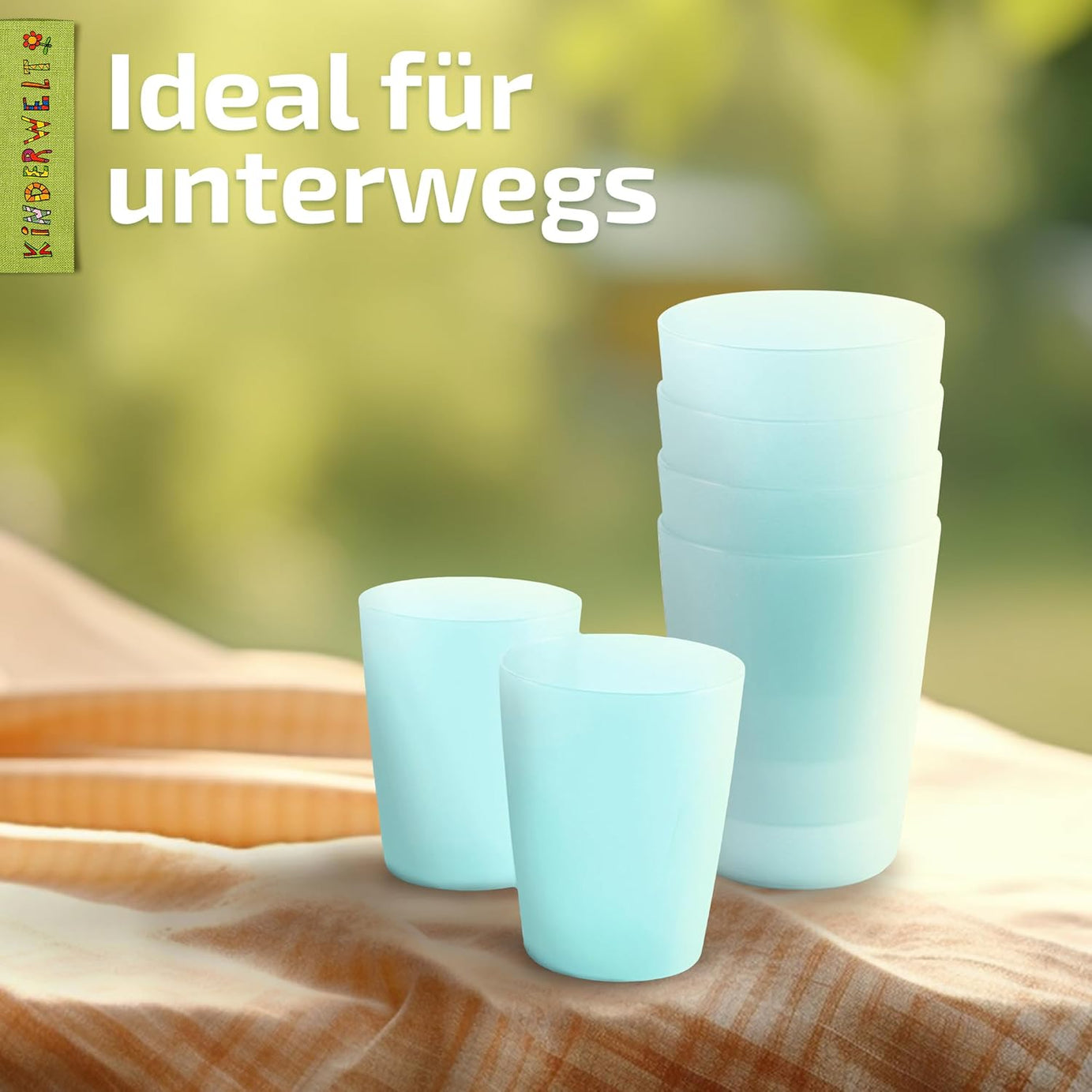 KiNDERWELT Trinkbecher Set 4x250 ml aquamarin aus Kunststoff - wiederverwendbare, spülmaschinenfest,  Kindergeburtstage, Grillabende, Parties, Picknicks