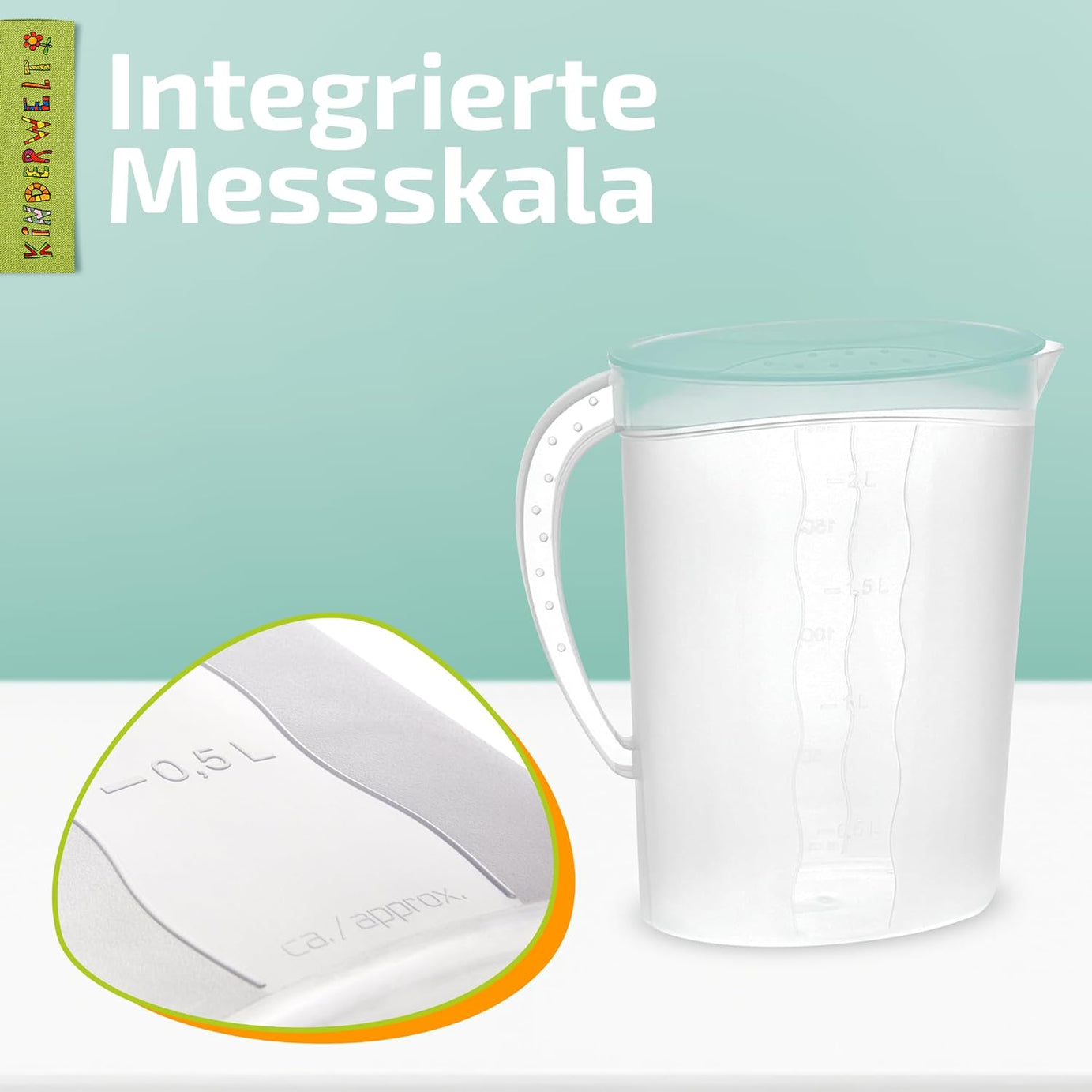 KiNDERWELT Premium Set Saftkanne 2 Liter Fassungsvermögen und Trinkbecher 4 x 250 ml, Saftkanne mit vielseitigem Deckel und integrierter Maßeinteilung,  aquamarin aus Kunststoff