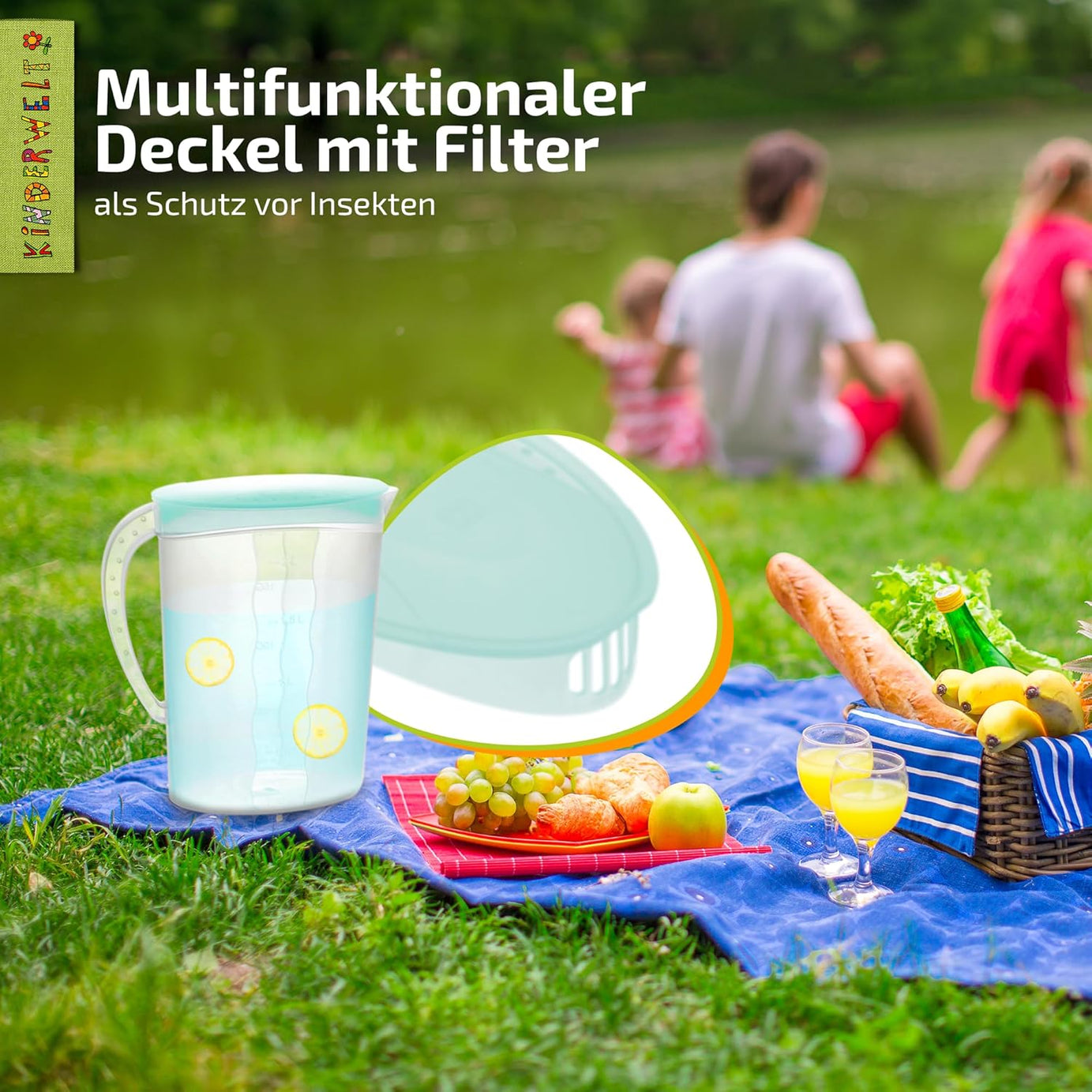 KiNDERWELT Premium Set Saftkanne 2 Liter Fassungsvermögen und Trinkbecher 4 x 250 ml, Saftkanne mit vielseitigem Deckel und integrierter Maßeinteilung,  aquamarin aus Kunststoff