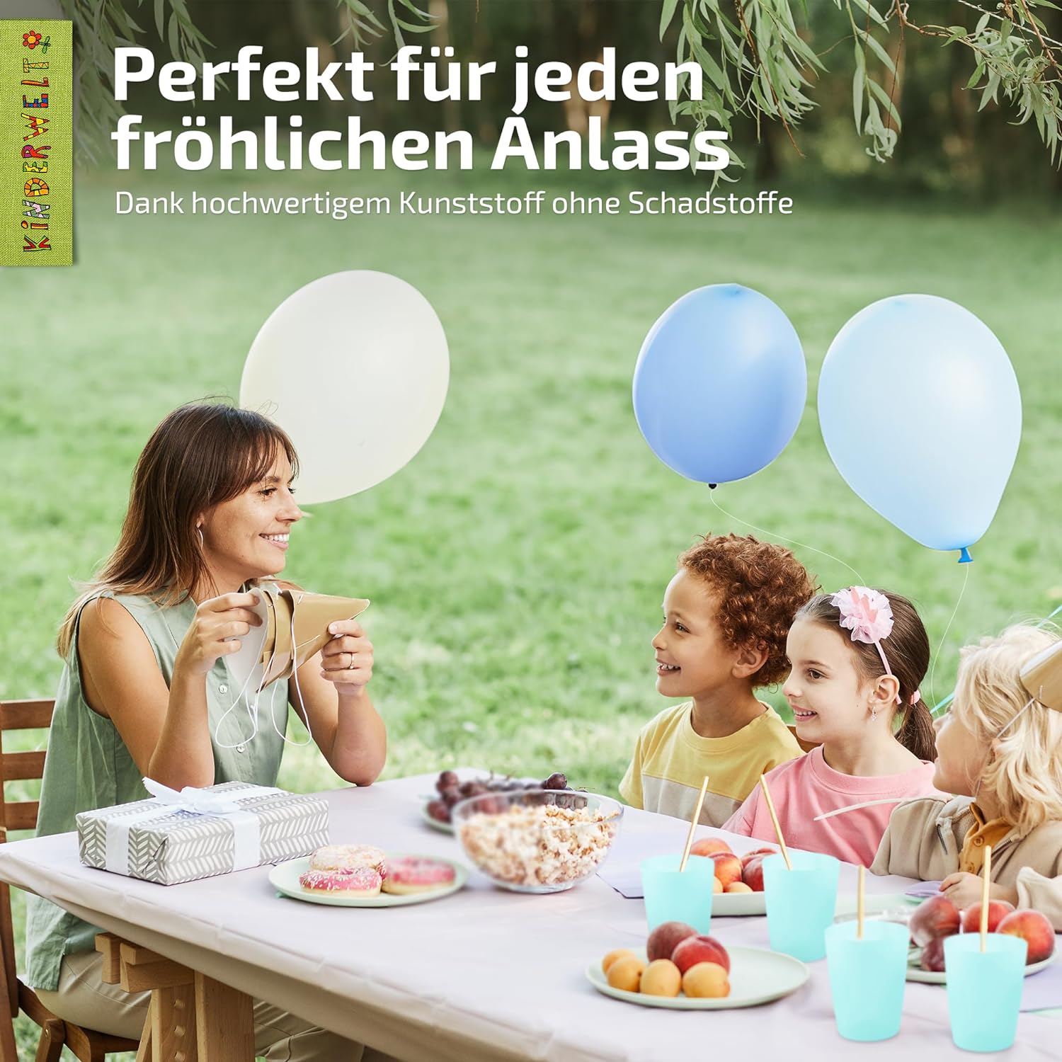 KiNDERWELT Trinkbecher Set 4x250 ml aquamarin aus Kunststoff - wiederverwendbare, spülmaschinenfest,  Kindergeburtstage, Grillabende, Parties, Picknicks