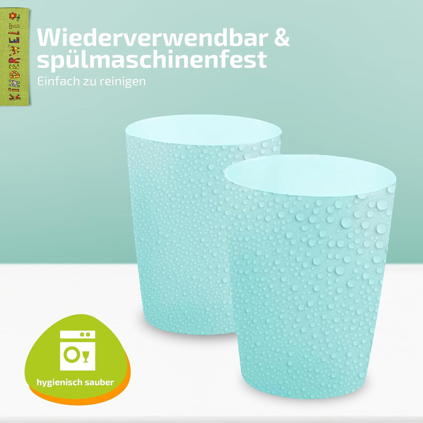 KiNDERWELT Trinkbecher Set 4x250 ml aquamarin aus Kunststoff - wiederverwendbare, spülmaschinenfest,  Kindergeburtstage, Grillabende, Parties, Picknicks