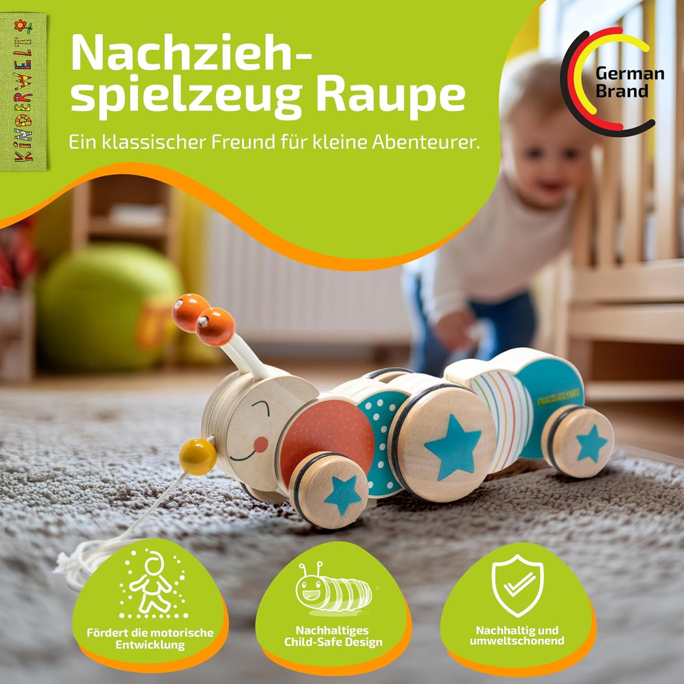 Nachziehspielzeug Raupe aus Holz, kindgerechtes Lernspielzeug, Kinderspielzeug zum Ziehen, Schieben und Spielen
