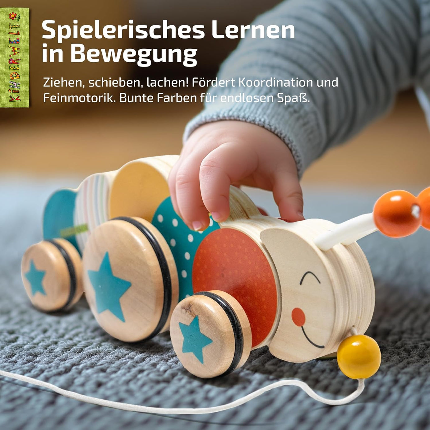 Nachziehspielzeug Raupe aus Holz, kindgerechtes Lernspielzeug, Kinderspielzeug zum Ziehen, Schieben und Spielen