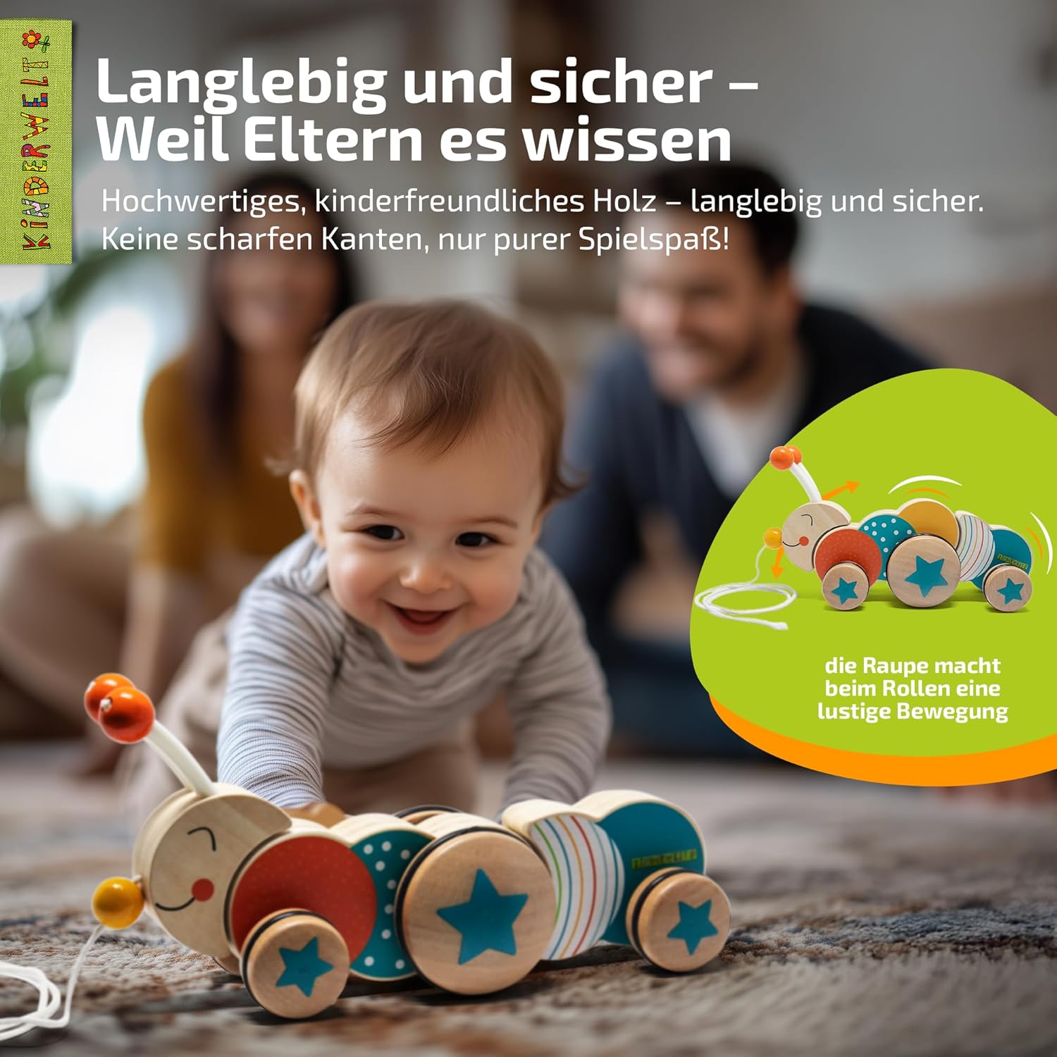 Nachziehspielzeug Raupe aus Holz, kindgerechtes Lernspielzeug, Kinderspielzeug zum Ziehen, Schieben und Spielen