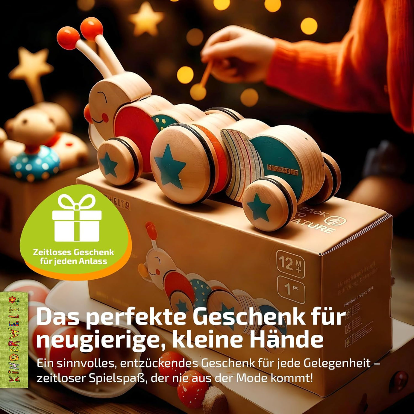 Nachziehspielzeug Raupe aus Holz, kindgerechtes Lernspielzeug, Kinderspielzeug zum Ziehen, Schieben und Spielen