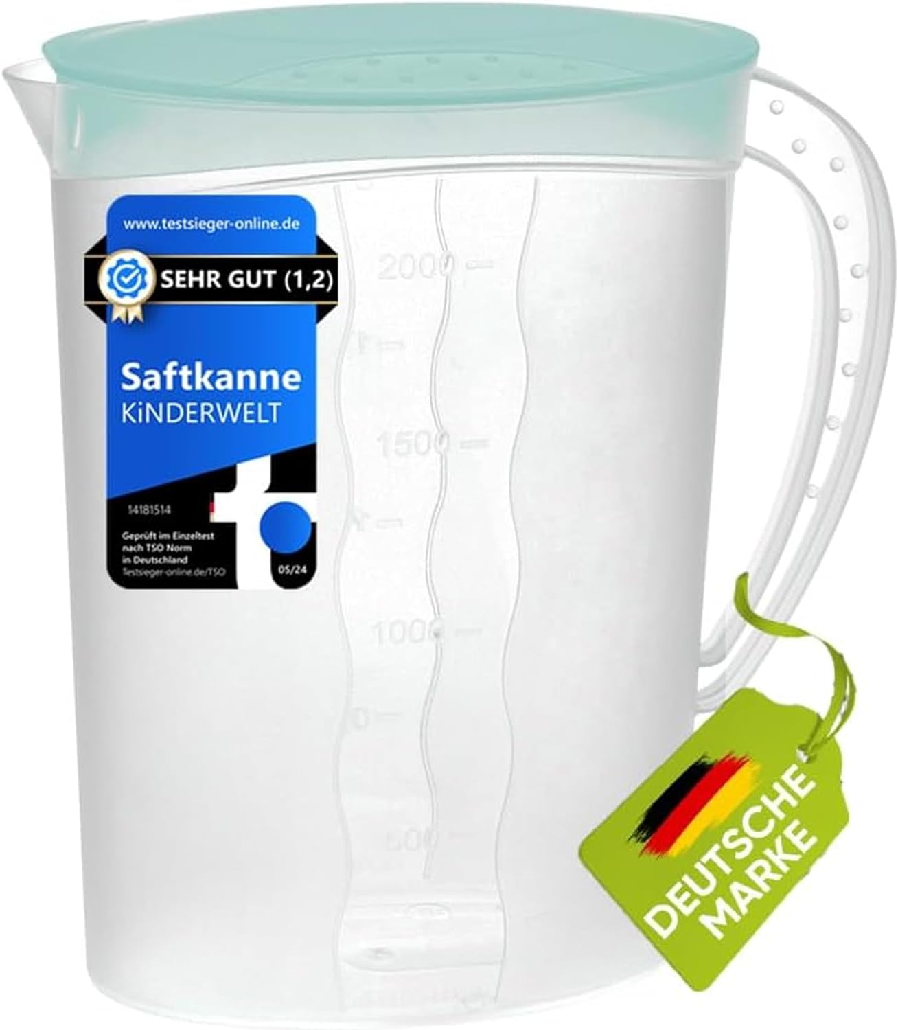 Premium juice jug, 2 litre capacity, with versatile lid and integrated measuring scale for cold drinks such as juice, iced tea, plastic water carafe, optimal refrigerator jug