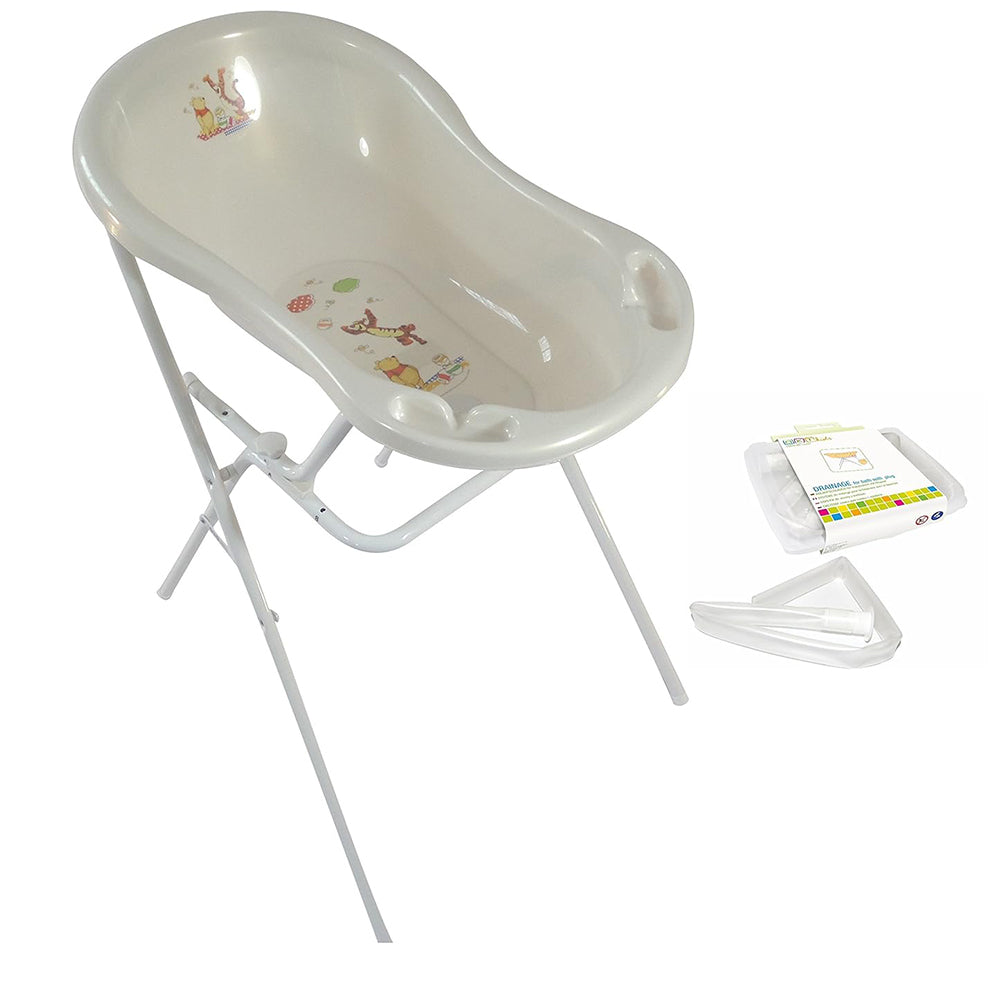 Babybadewanne 84 cm Winnie Pooh perlweiß + Badewannenständer + Ablaufschlauch