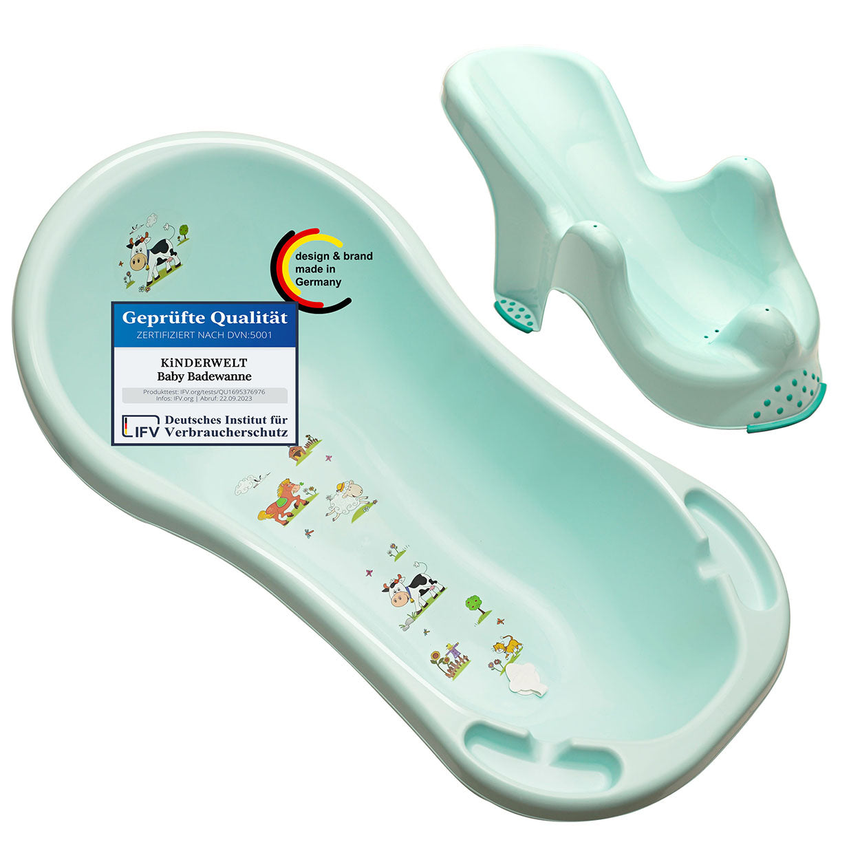 Ergonomische Premium Babybadewanne Funny Farm aquamarin 100 cm mit Badesitz