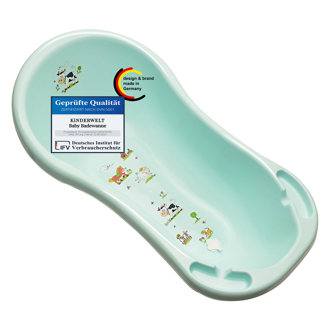 Ergonomische Premium Babybadewanne Funny Farm aquamarin 100 cm mit Ablaufstöpsel